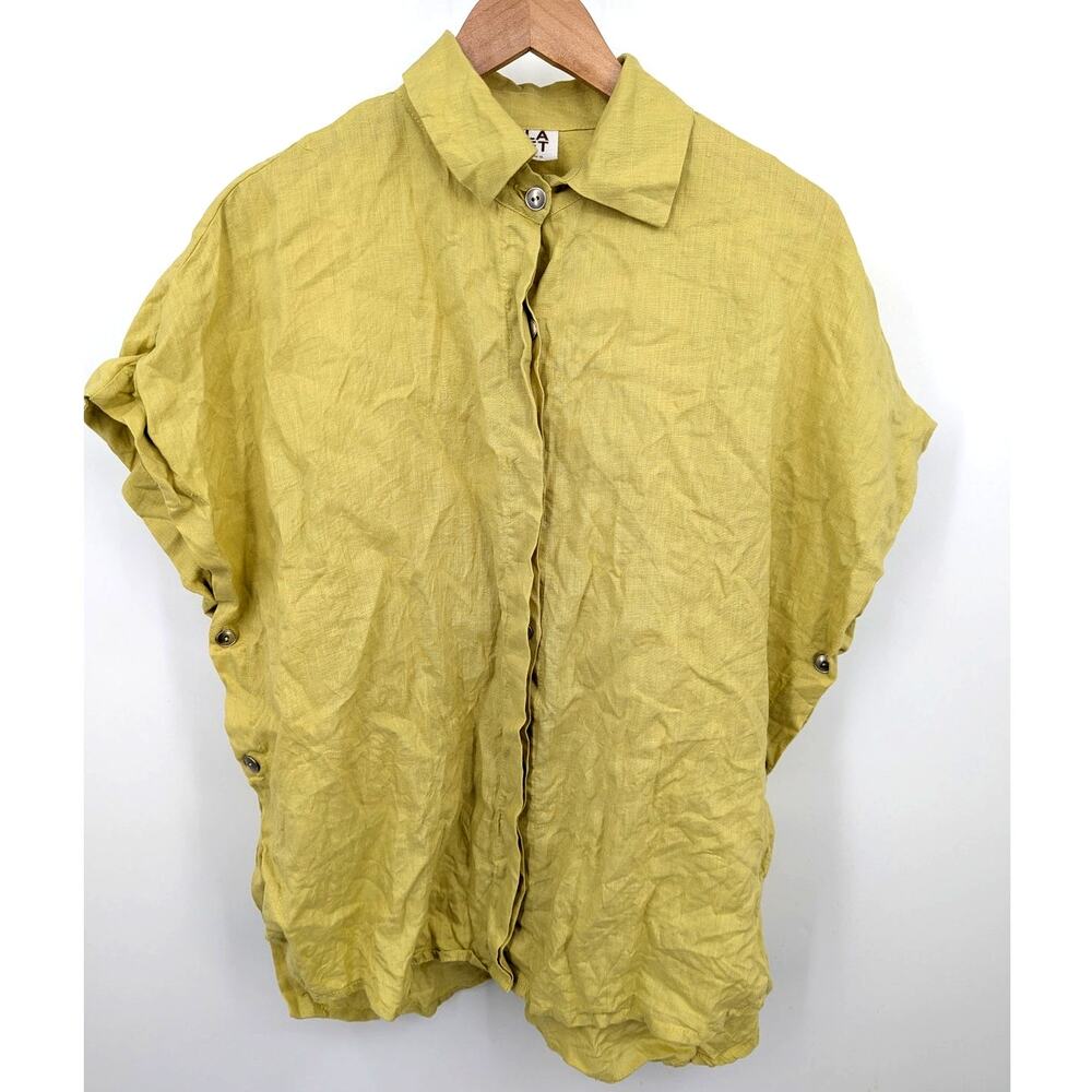 Planet by Lauren G 100% Linen Button Front Oversized Blouse Yellow Made in USA L
